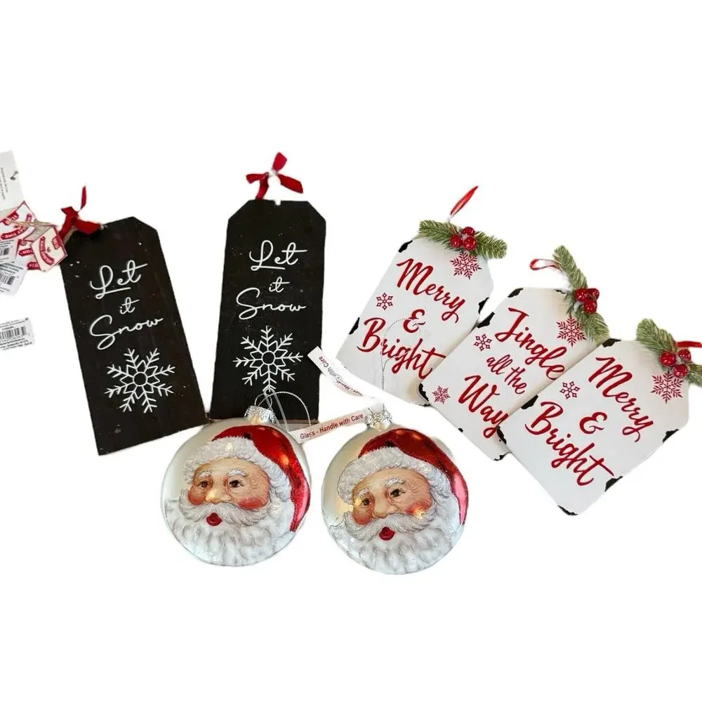 7 - Rustic Christmas‎ Ornaments 2 Glass Santa’s 2 Wood & 3 Metal Signs Red Black